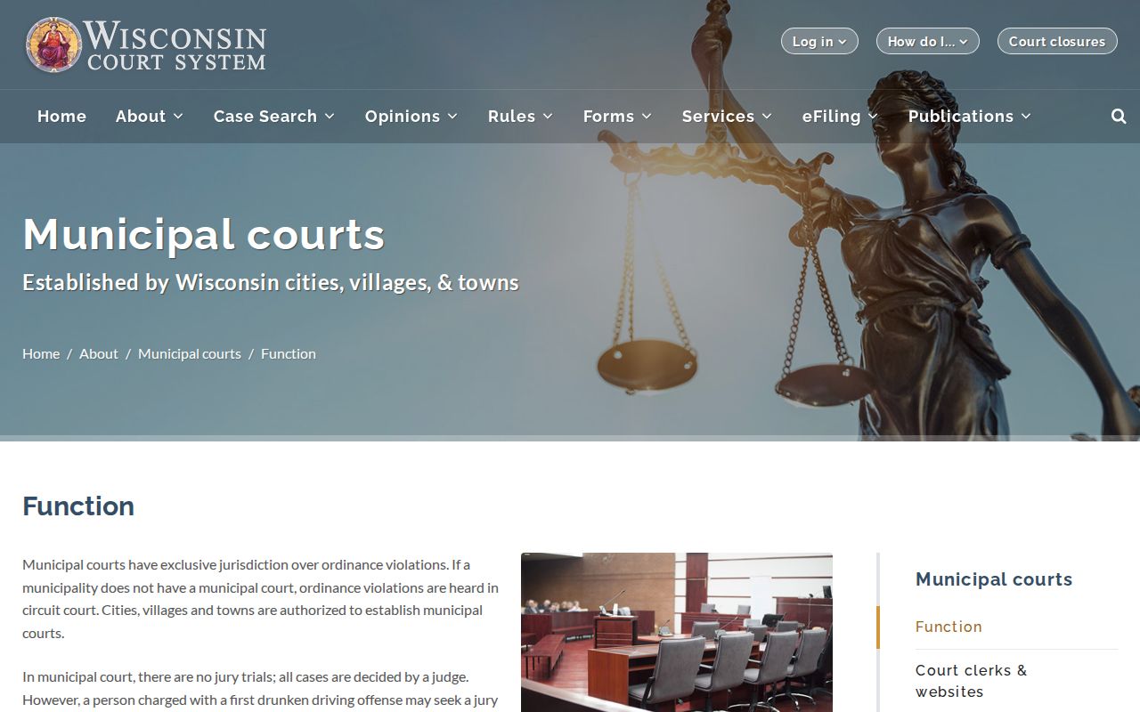 Wisconsin municipal court jurisdiction page explaining Arcadia ordinance records