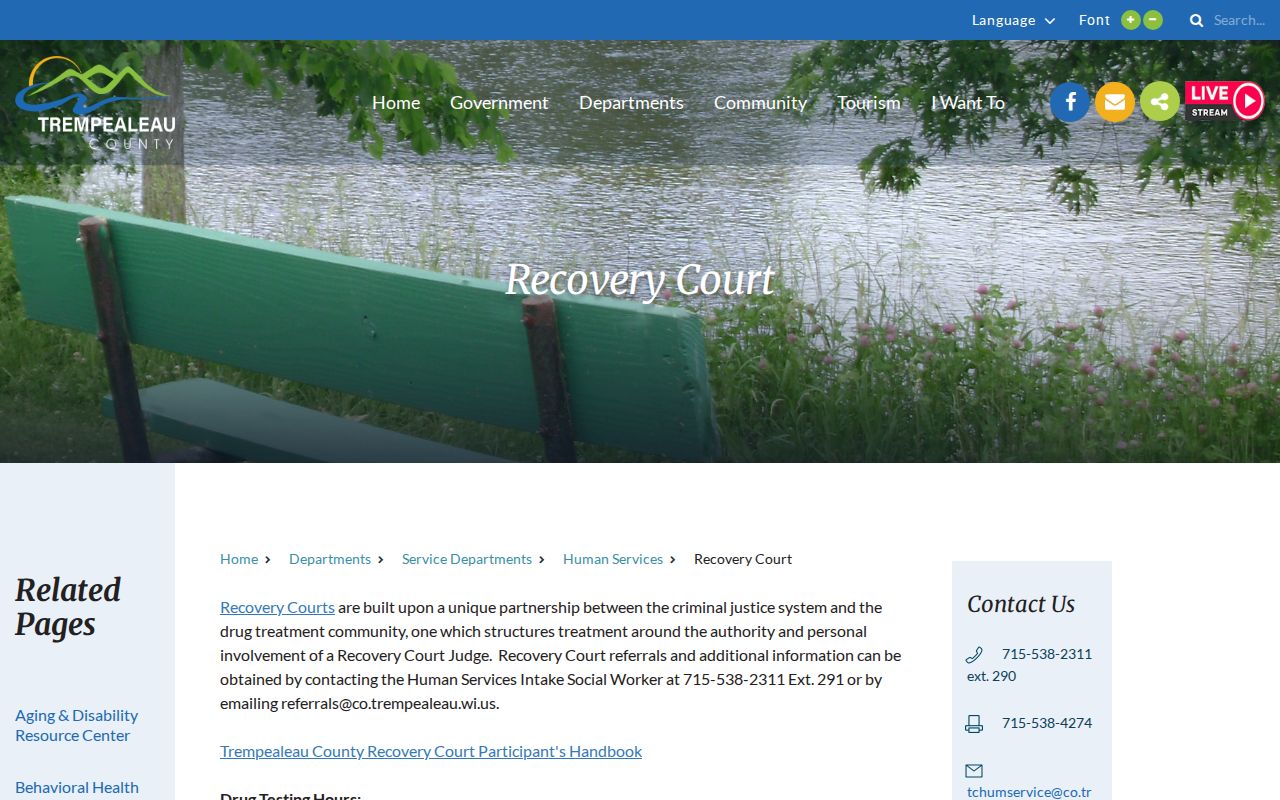 Trempealeau County Recovery Court program page connected with criminal cases