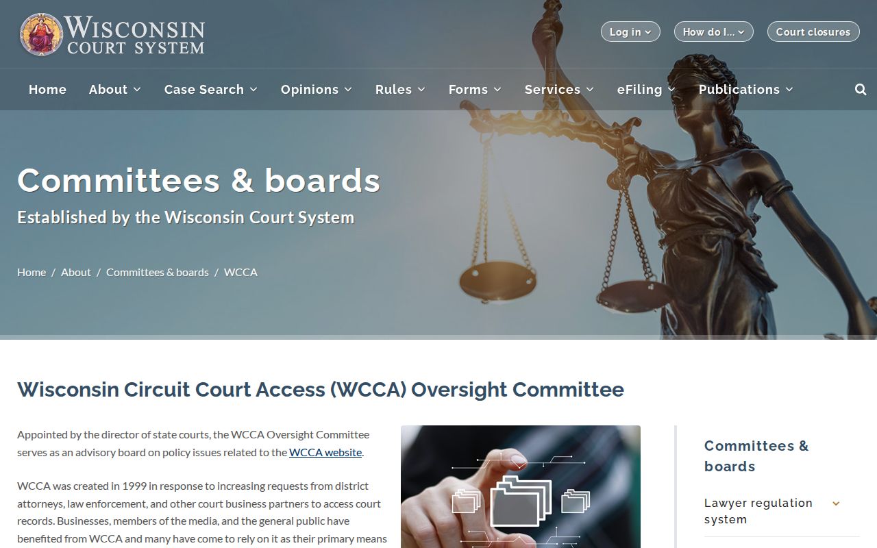 Wisconsin court system page about WCCA oversight for Trempealeau County case searches