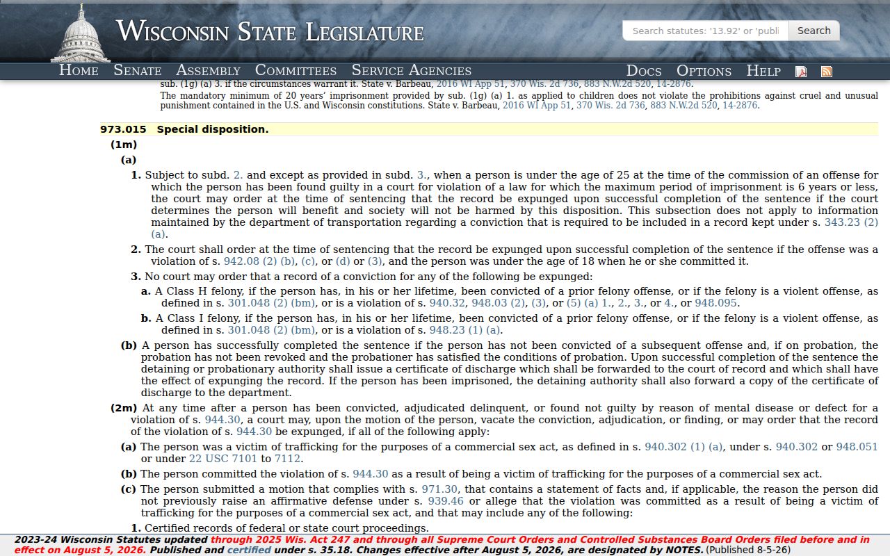 Wisconsin expungement statute for eligible Trempealeau County court cases