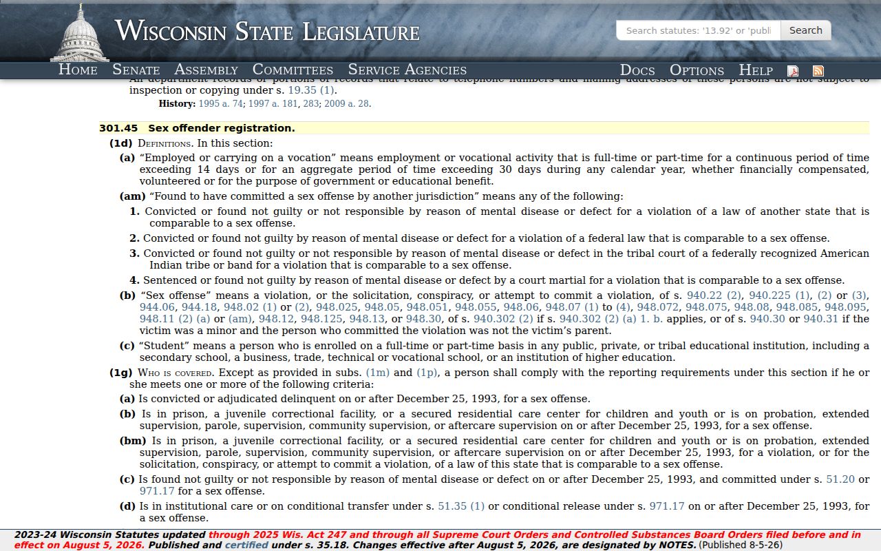 Wisconsin law for Trempealeau County sex offender registry profiles